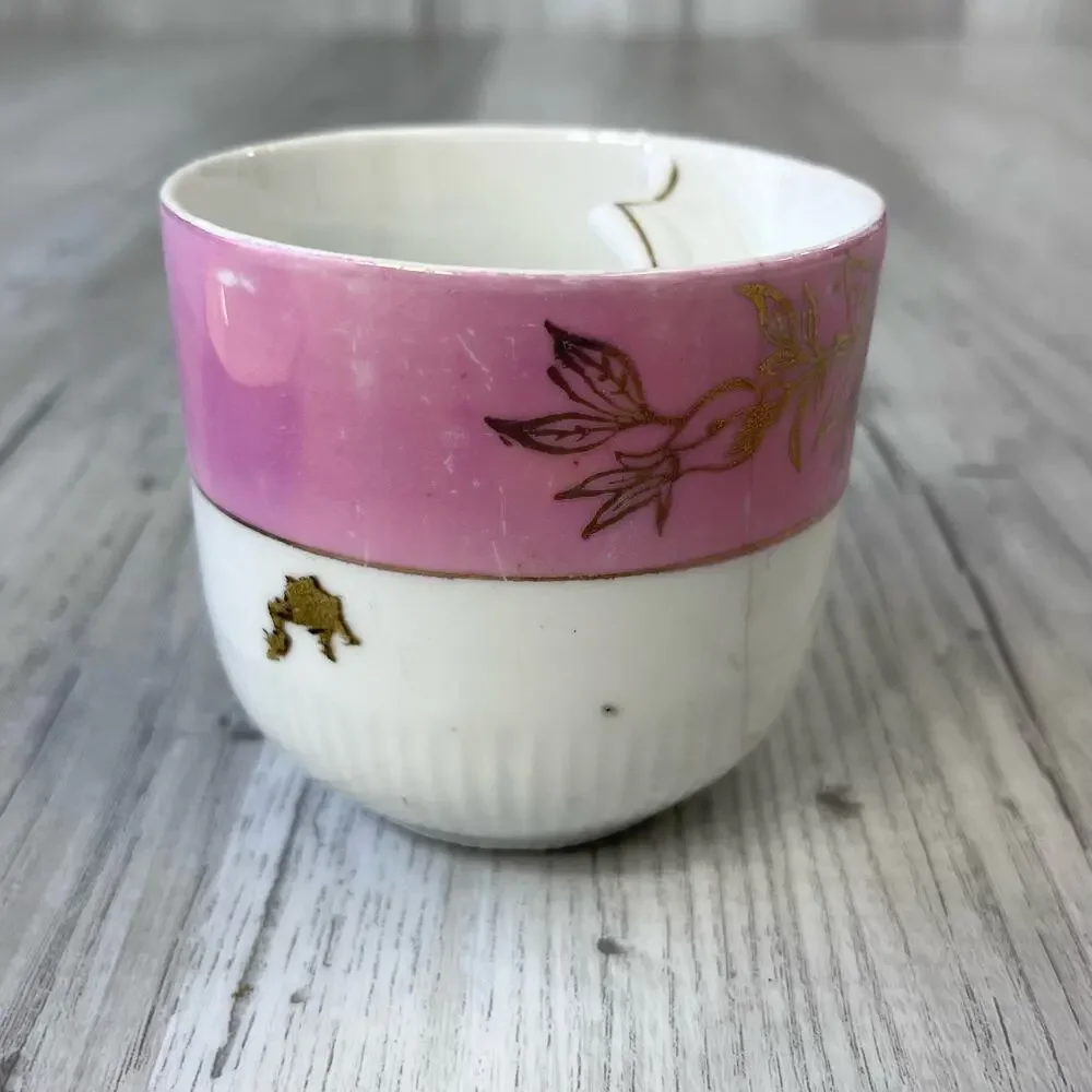 Vintage White Pink Floral Accent Gold Trim Mustache Guard Mug Cup Decor